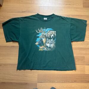 Women's Vintage 2003 Green Cut-Off Animal Nature Wildlife Crop Tee Shirt Sz XL